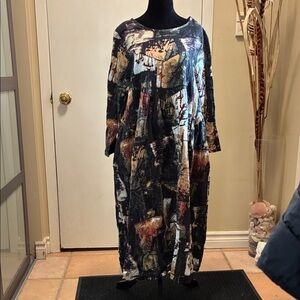 Abstract Print Long Sleeve XL Dress 100%  Linen